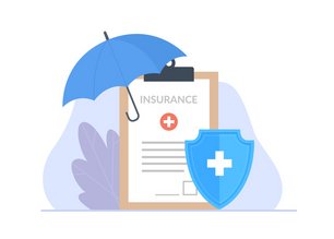 Symbolbild für Versicherung: Versicherungspolize mit blauem Regenschrim oberhalb und einem  Security-Schild unten aufgestellt